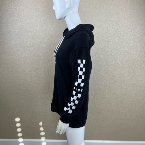 Victoria’s Secret Pink Checkered Long Sleeve Black Pullover Hoodie Sweatshirt - Picture 3 of 9